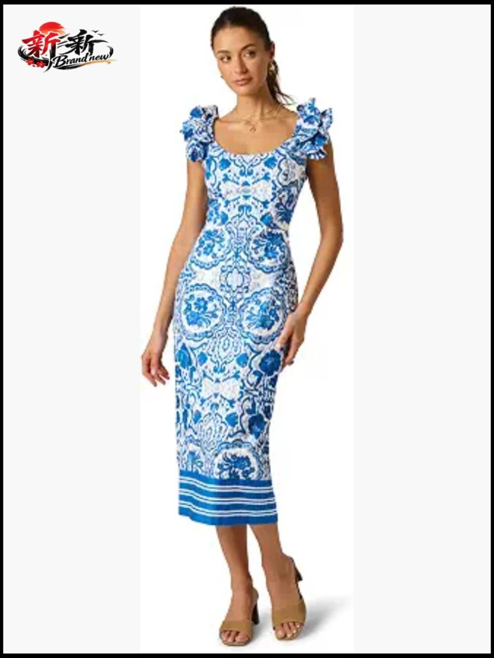 Adrianna Papell Column Midi Dress, Floral, Frilled Straps, Cotton